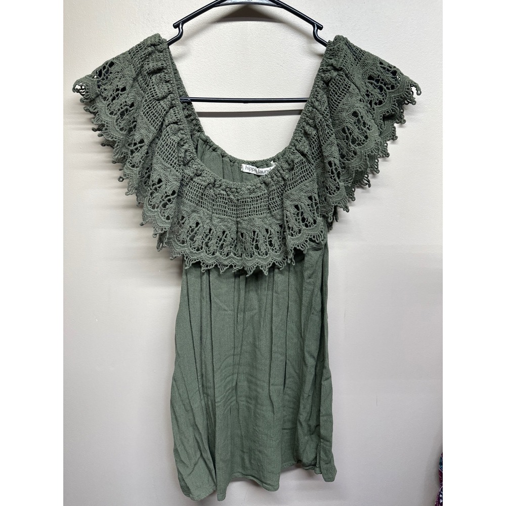 Hippie Laundry Olive Green Off Shoulder Crochet Lace Top Blouse Women Size‎ L